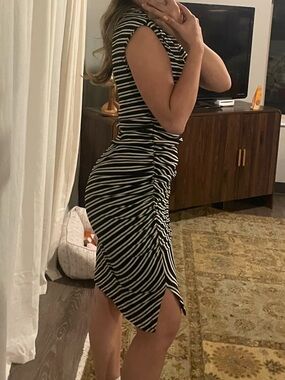 Anthropology Black and White Striped Ruched Bodycon Dress